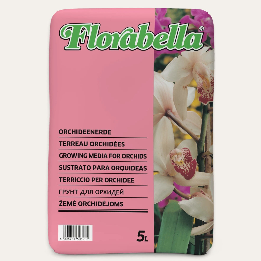 Exotica Plants Store Florabella 5-liter orchid potting mix bag with pink packaging and white orchid flower imagery
