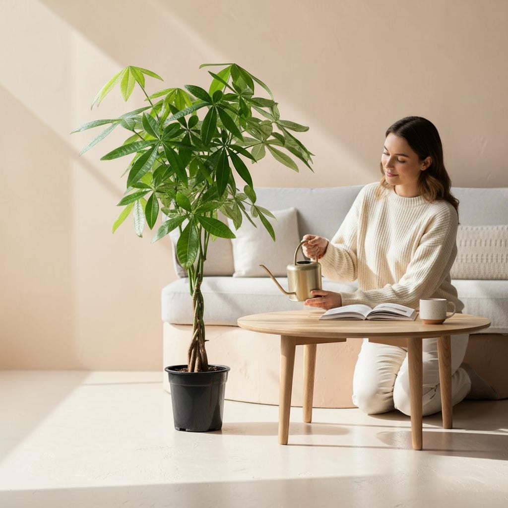 Exotica Plants Store Money Tree with braided trunk and lush green leaves being watered by a woman in a bright living room